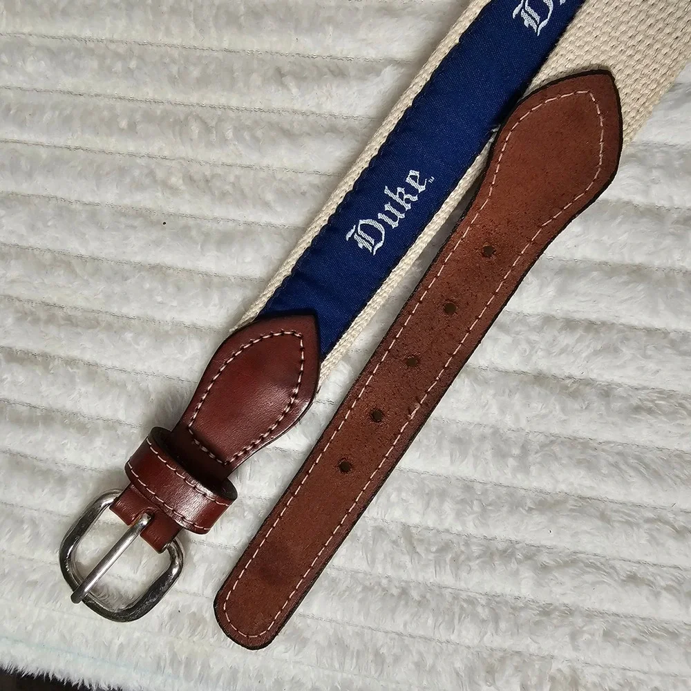 Duke University Blue Devils Ribbon Web Belt 36 Navy Cream Solid Brass Preppy